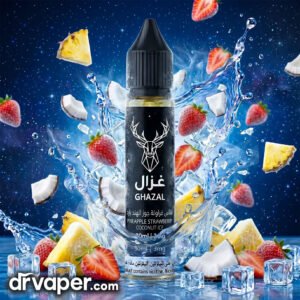 Authentic GHAZAL Pineapple Strawberry Coconut Ice 30ml bottle surrounded by tropical fruit chunks and flying ice cubes
