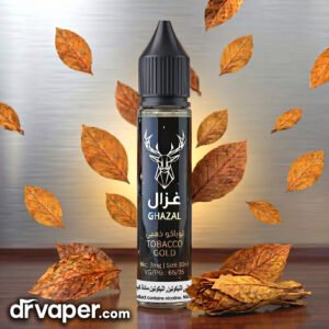 Authentic GHAZAL Tobacco Gold 30ml Freebase bottle surrounded by golden tobacco leaves from Dr Vape store