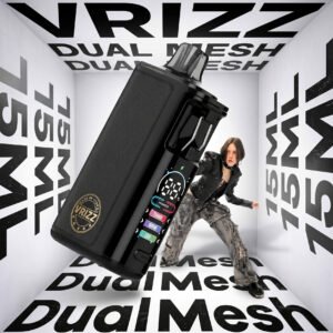 Voopoo Vrizz 2 premium black leather edition adorned with a golden VRIZZ badge and a 15mL cartridge.
