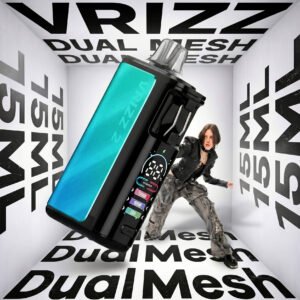 Voopoo Vrizz 2 gradient azure color showing a colorful digital screen displaying battery percentage and smart operation modes.