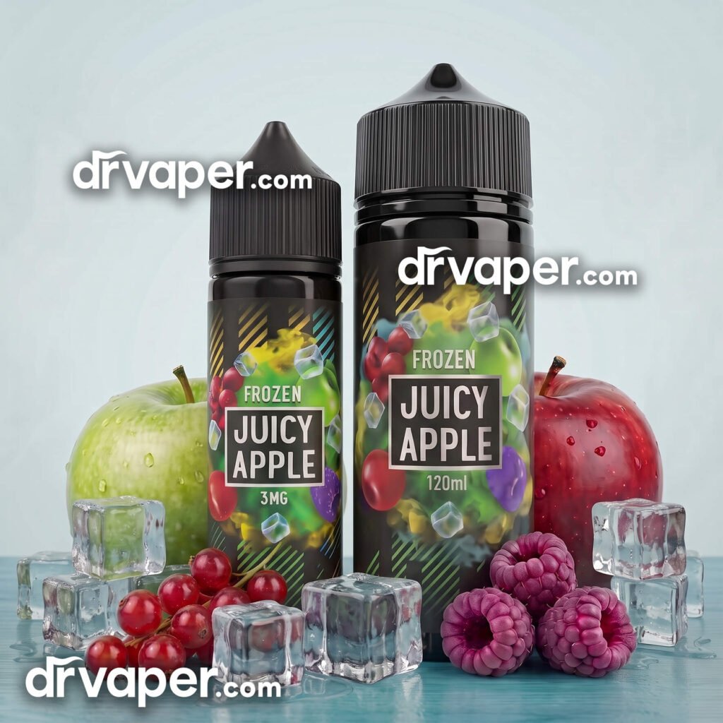 Authentic Sams Vape Juicy Apple Frozen 60ml and 120ml e-liquid bottle with apples and ice cubes